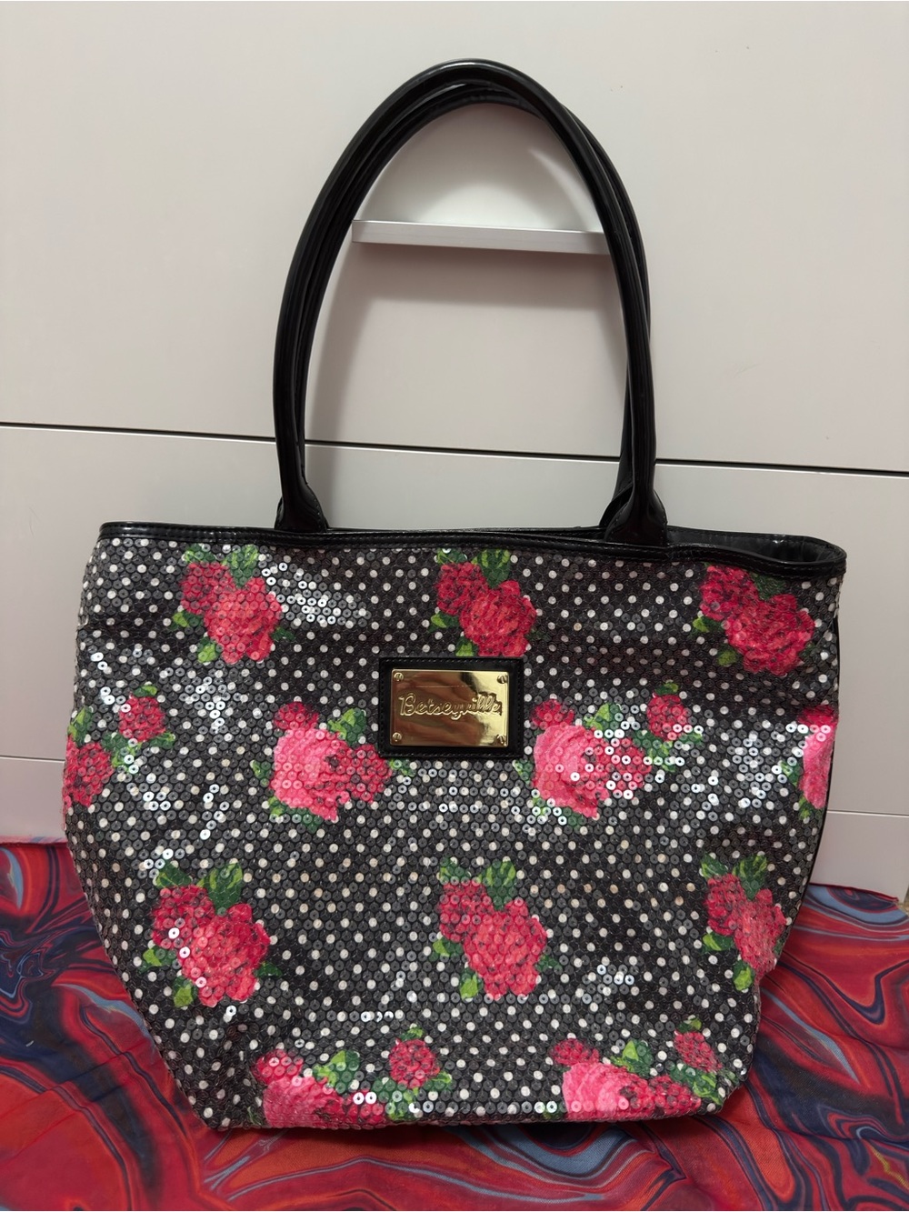 Vintage Betseyville Betsey Johnson Rose Polka Dot Sequin Tote Bag